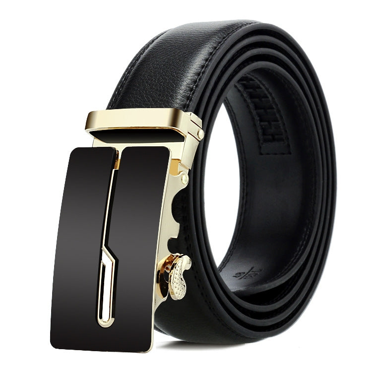 Men's black leather belt with automatic buckle, gold-tone metal plate.