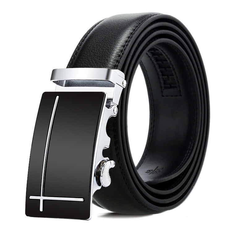 Men's black leather belt with automatic buckle, silver-tone plate with plus detail.