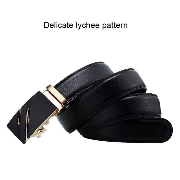 Men's black leather belt with automatic buckle and smooth black strap.