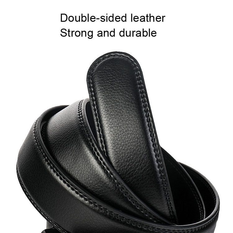 Men's black leather belt close-up showing textured strap and stitched edge.