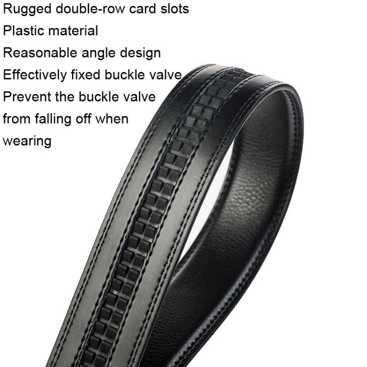 Men's black leather belt close-up with inner grid pattern along strap.