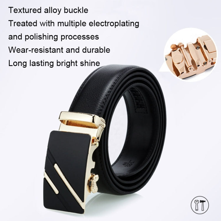 Men's black leather automatic buckle belt with gold-tone metal buckle and sheen.