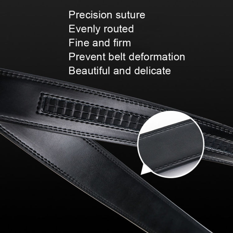Men's black leather belt with precise edge stitching and inner grid panel
