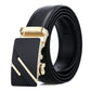 Black leather automatic buckle belt with gold-tone angular buckle design