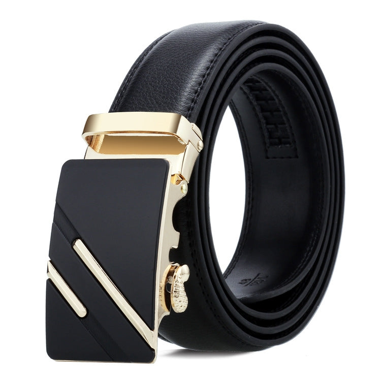 Black leather automatic buckle belt with gold-tone angular buckle design