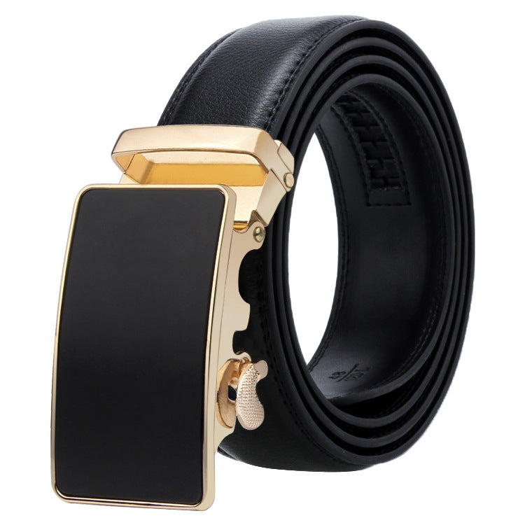 Men's black leather automatic buckle belt with gold-tone rectangular buckle, side view.