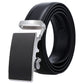 Men's black leather automatic buckle belt with silver-tone rectangular buckle.
