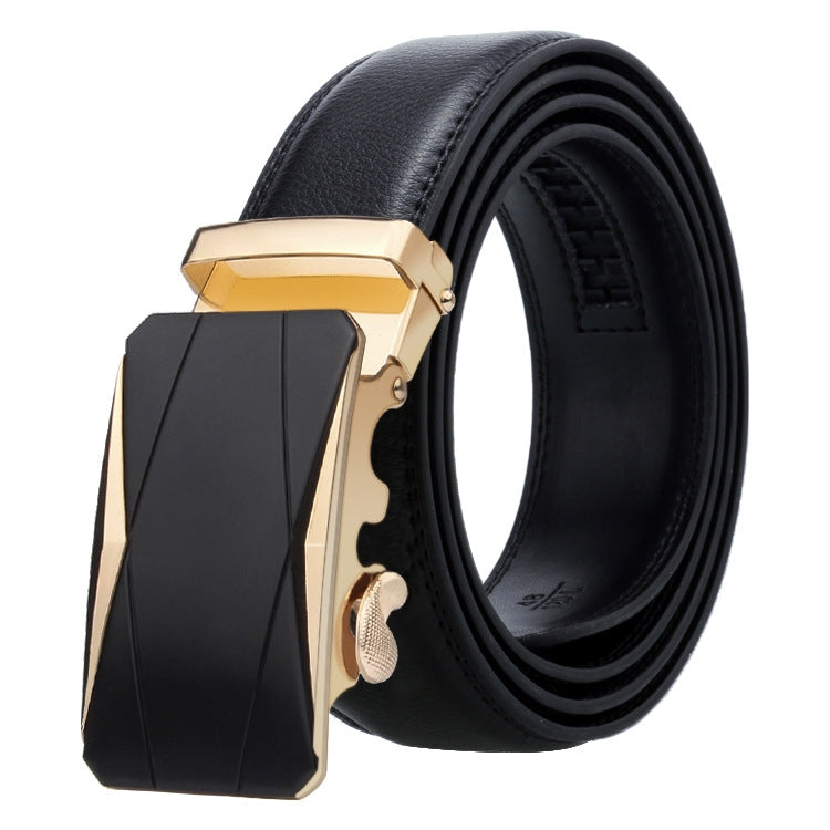 Men's black leather automatic buckle belt with gold-tone rectangular buckle, angled.