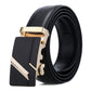 Black leather automatic buckle belt with gold-tone angular buckle and diagonal stripe