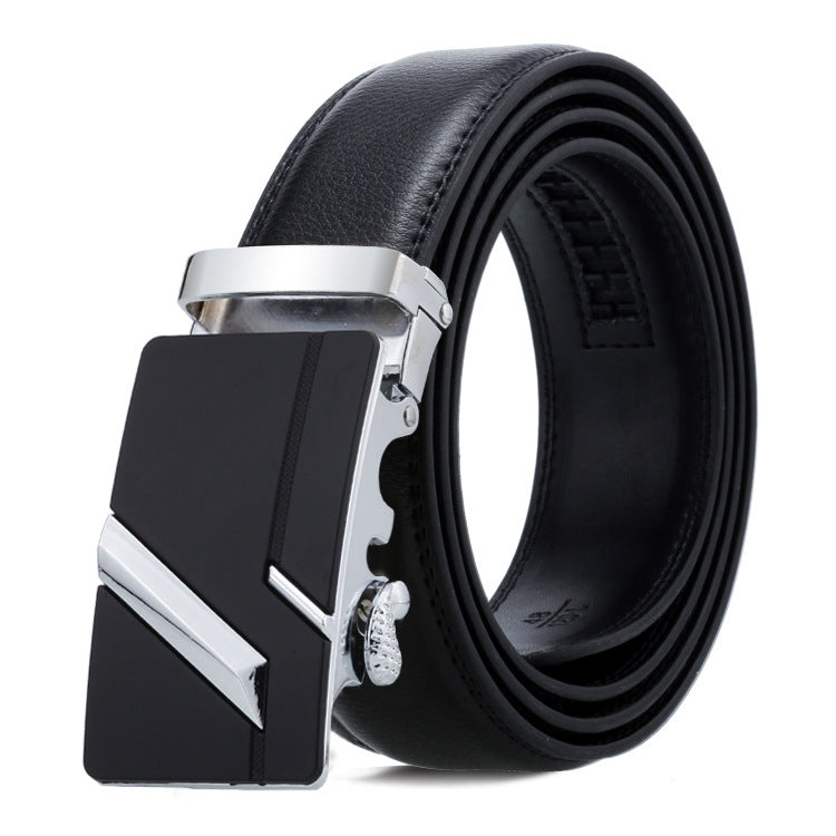 Black leather automatic buckle belt with silver-tone angular buckle and diagonal stripe