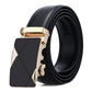 Black leather automatic buckle belt with gold-tone geometric buckle front