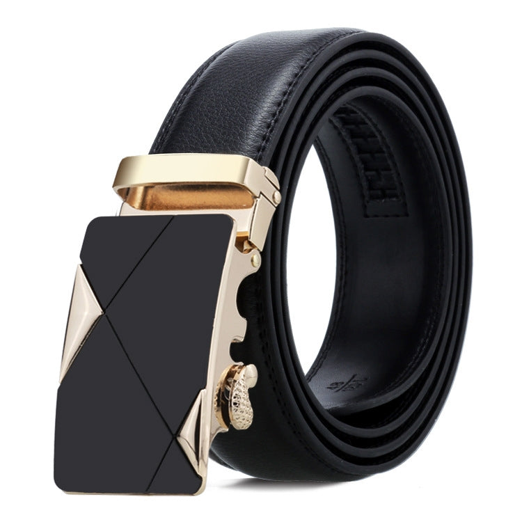 Black leather automatic buckle belt with gold-tone geometric buckle front