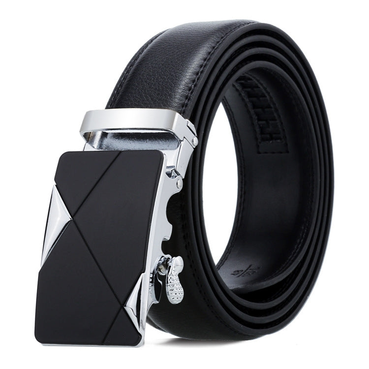Black leather automatic buckle belt with silver-tone geometric buckle front