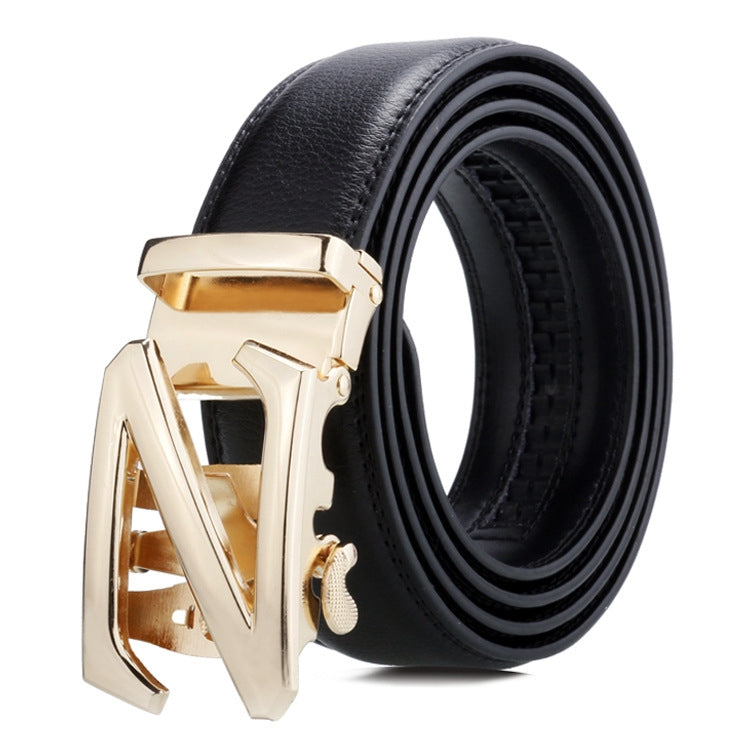 Men's automatic buckle leather belt with gold-tone rectangular buckle, black strap
