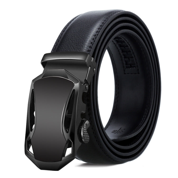 Men's automatic buckle leather belt with black-tone buckle, black strap