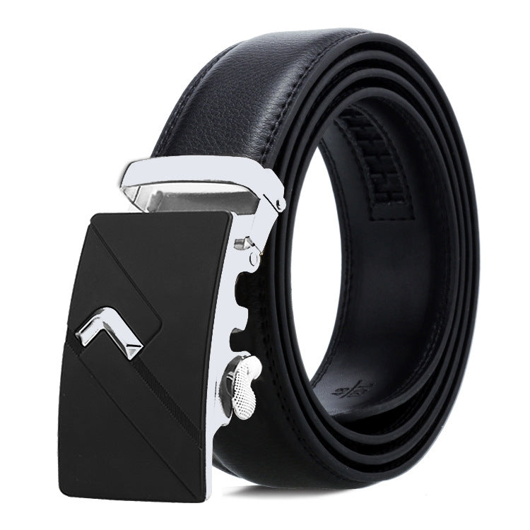 Men's automatic buckle leather belt with chrome buckle and black front panel, black strap
