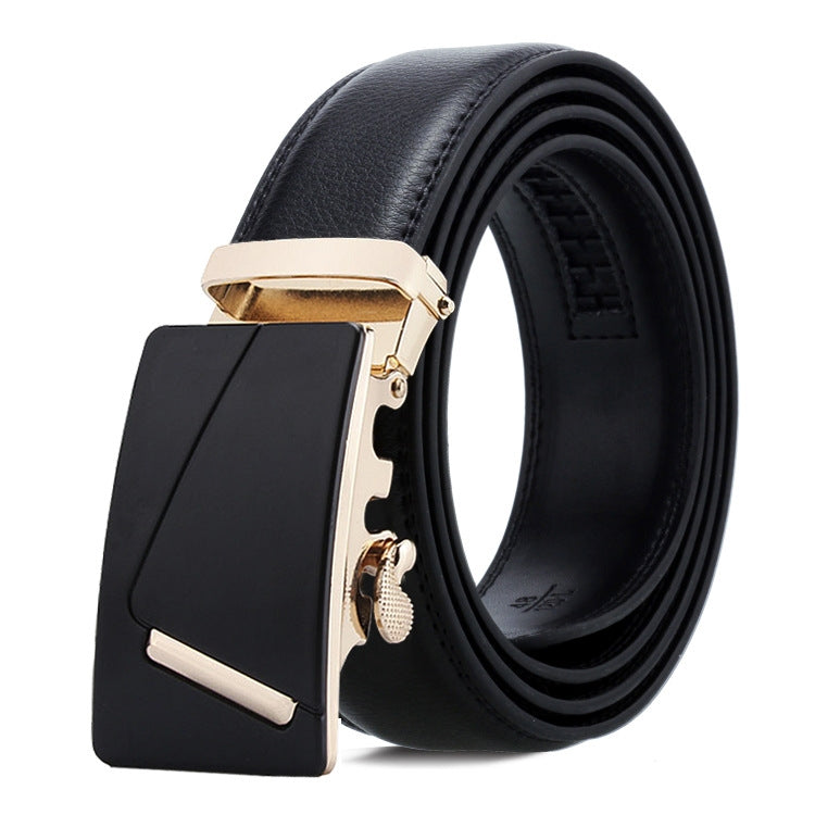 Men's automatic buckle leather belt with gold-tone buckle and black front panel, black strap