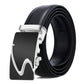 Men's automatic buckle belt with black leather and silver-tone wave buckle