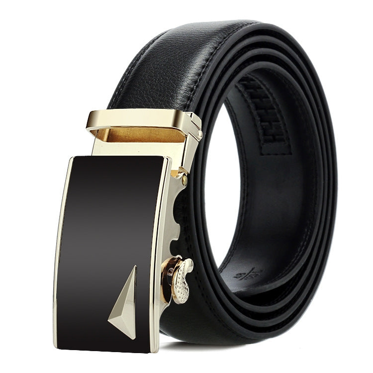 Men's automatic buckle belt with black leather and gold-tone triangular buckle