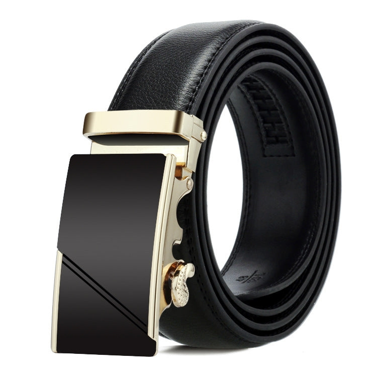 Men's automatic buckle belt with black leather and gold-tone diagonal buckle