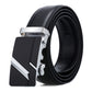 Men's black leather belt with silver automatic buckle and angled panel detail