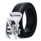 Men's black leather belt with chrome automatic buckle and bold angular frame
