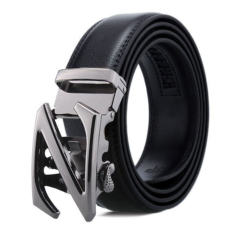 Men's black leather belt with chrome automatic buckle in V-shaped frame