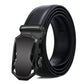Men's automatic buckle belt, black leather strap with dark metal buckle