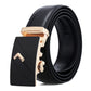 Men's automatic buckle belt, black leather strap with gold buckle and dragon motif