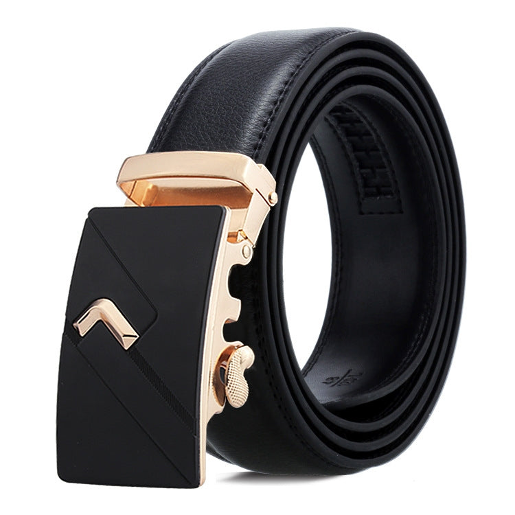 Men's automatic buckle belt, black leather strap with gold buckle and dragon motif