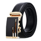 Men's automatic buckle belt, black leather strap with gold buckle and vertical bar design