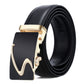 Men's automatic buckle belt, black leather strap with gold buckle and wavy V cutout