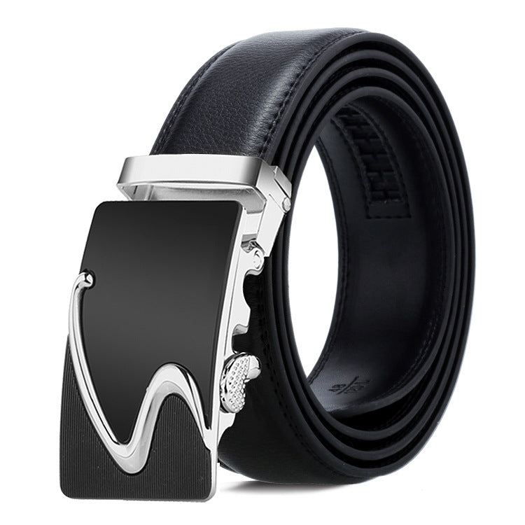 Men's automatic buckle belt, black leather strap with silver buckle and wavy V cutout