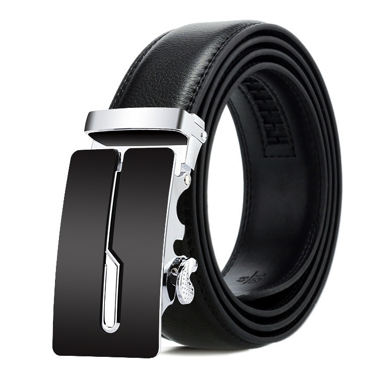 Men’s leather automatic buckle belt with silver rectangular buckle and black inset