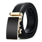 Men’s leather automatic buckle belt with gold-tone rectangular buckle and black inset
