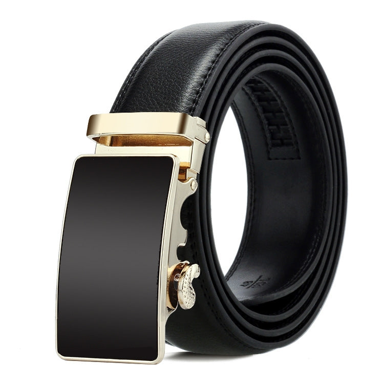 Men’s leather automatic buckle belt with gold-tone rectangular buckle and black inset
