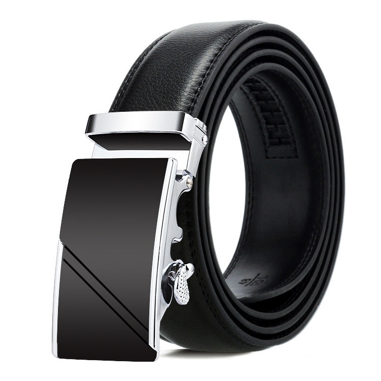 Mens black leather belt with silver automatic buckle, diagonal line center plate