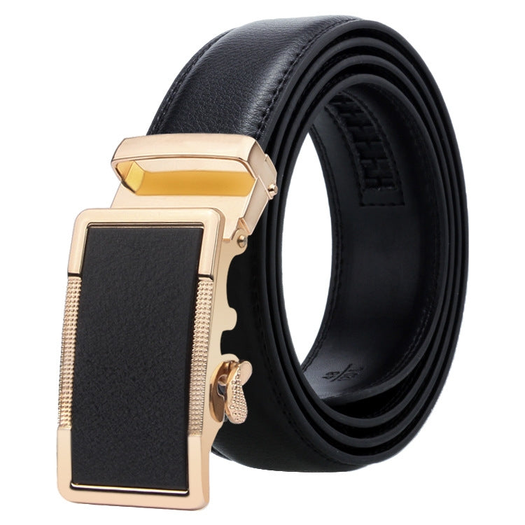 Men's black leather belt with gold automatic buckle and textured keeper plate