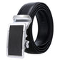 Men's black leather belt with silver automatic buckle and textured keeper plate