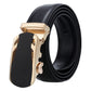 Men's black leather belt with gold automatic buckle and black keeper strap