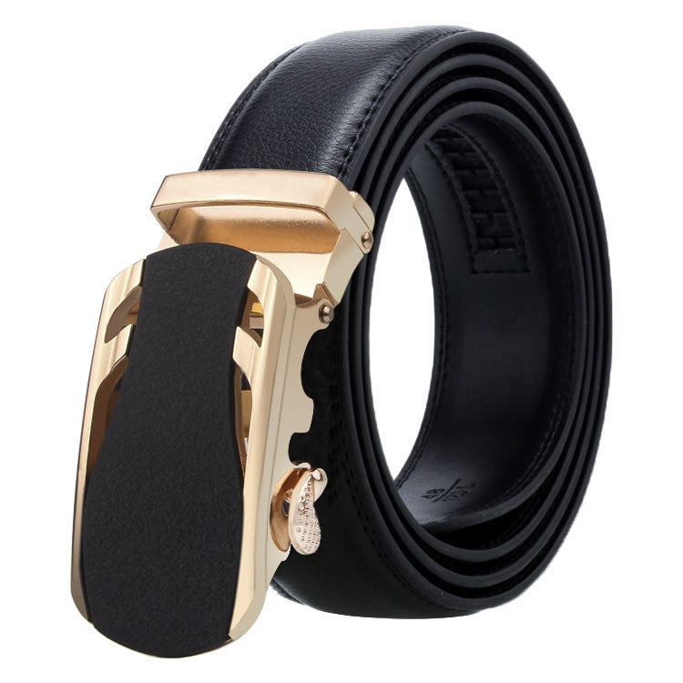 Men's black leather belt with gold automatic buckle and black keeper strap