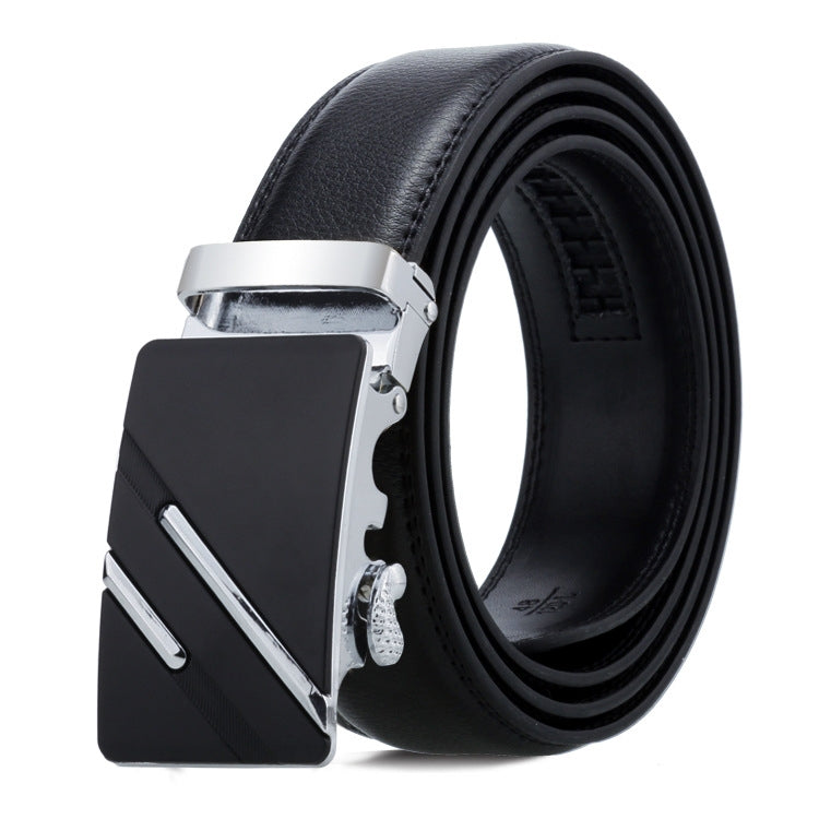 Men's black leather automatic buckle belt with silver-tone angular buckle