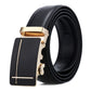 Men's black leather automatic buckle belt with gold-tone cross accent buckle