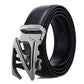 Black leather belt with silver automatic buckle and decorative side cutouts