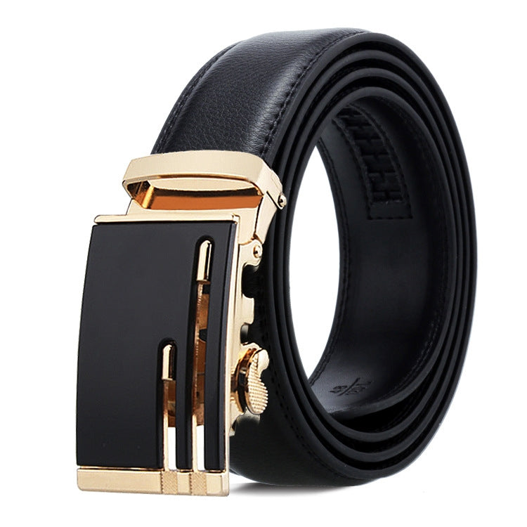 Black leather belt with gold automatic buckle with vertical bar detail