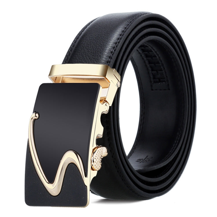 Mens black leather belt with gold automatic buckle, glossy center plate design
