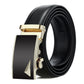 Mens black leather belt with gold automatic buckle, arrow-shaped center plate