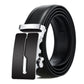 Mens black leather belt with silver automatic buckle, vertical bar center plate