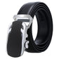 Men's black leather automatic buckle belt with chrome-silver rectangular buckle