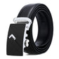 Black leather automatic buckle belt with silver-toned buckle and V-cut detail
